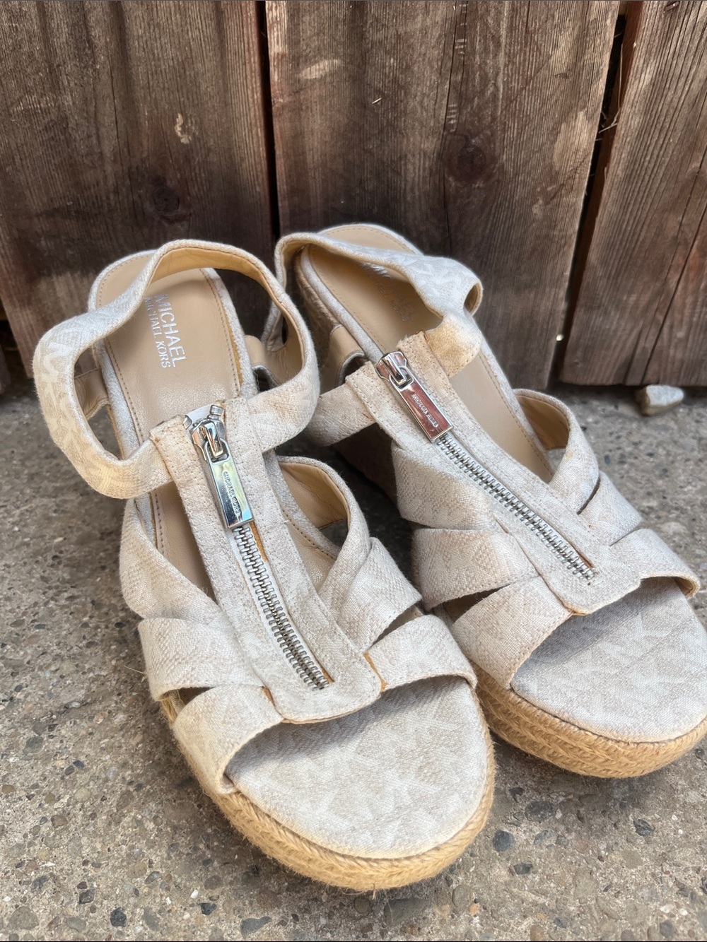 Michael Kors Neutral Beige Espadrille Wedge Sandals with Front Zipper